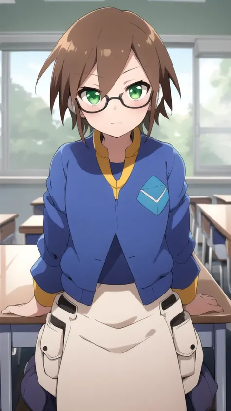 Aile_megamanzx, 1 girl, looking at viewer, Brown hair, green eyes ,classroom background , Glasses, Classroom Clothes 