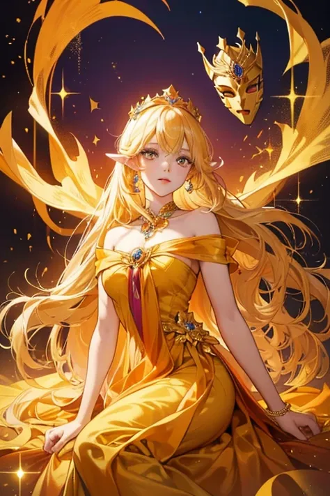 Daphne has long blonde hair and amber eyes. As a nymph, Daphne wears a flowing, golden yellow dress with a few ribbons. She has an orange masquerade-style mask and a golden crown with a red jewel on top.  SPARKLE; GLITTER