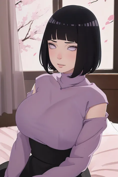 { - anatomy error} (Masterpiece - Ultra-detailed, very high resolution) (huge titusty, masterpiece, absurdres, hinata(boruto), 1girl, solo,mature female, off-shoulder bra, high waist black short skirt, looking at viewelling petals), perfect composition, de...