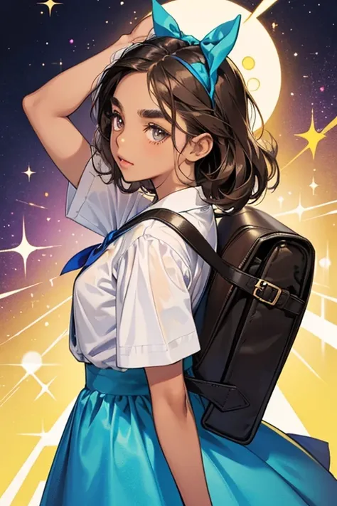 She has dark skin, brown eyes, brown hair, black and eyebrows
She wore a yellow short-sleeved shirt, a purple skirt, a blue ribbon tied into a bow in her hair at the back and had a cyan backpack. SPARKLE; GLITTER