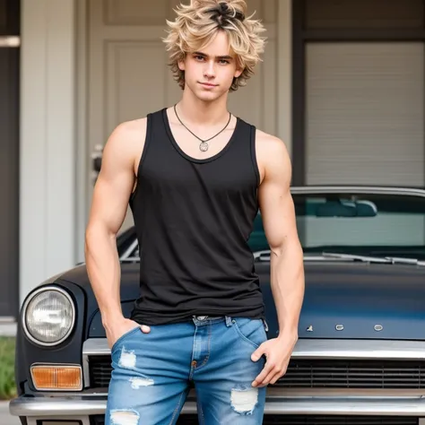 blonde nerdy boy with medium length messy hair wearing a black tank top covering him and jean pants