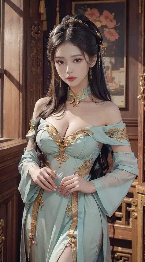 （from outside） ， Many colors，Best quality，8k，real picture，Fine skin details，masterpiece，Photo-realistic，Intricate details，RAW photos，court，Gorgeous cheongsam，Extra long hair，Off-shoulder，Delicate face，露出Cleavage，(((Large Breasts，Cleavage)))decorative，Perfe...