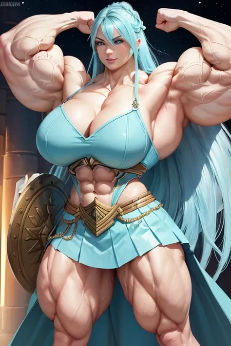 (((((Massive, tall, beautiful, buff, muscular pale white skinned female Valkyrie with cyan hair, ginormous bulky muscles, flexing biceps and wearing an all cyan gleaming Valkyrie armor and pleated skirt))))), (close view), black eyeliner, massive muscles, ...