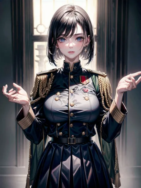 military uniform, absurdres, RAW photo, extremely delicate and beautiful, masterpiece, Best Quality, ultra high resolution, 32k, hyperrealistic, ultra-detailed, detailed description, pale skin, 20 years old, tearful mole, earring, Colossal tits, short medi...