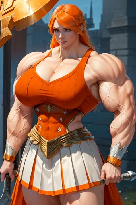 (((((Massive, tall, beautiful, buff, muscular pale white skinned female Valkyrie with orange hair, ginormous bulky muscles, holding a halberd hammer and wearing an all orange gleaming Valkyrie armor and pleated skirt))))), (close view), black eyeliner, mas...