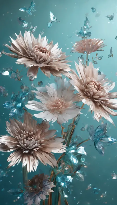 The background is greenblue,moon light,All expressed with jewels, the arrival of spring, various beautiful chrysanthemum flowers
, beautiful batterflys,angles looking up from below, various jewels falling from the sky, wonderful and beautiful superb view, ...