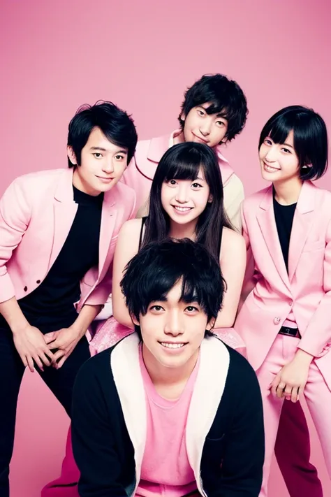 High resolution,A total of three young Japanese men and two young Japanese women５Photos of band members,Pink background