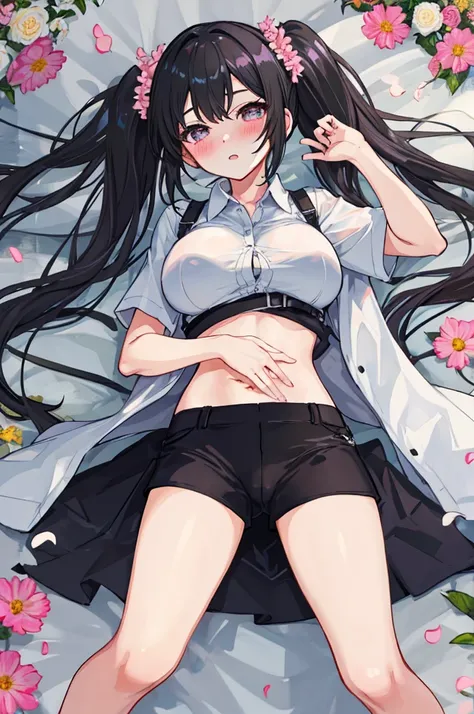 A girl，twintails，Long hair，Black Hair，White shirt，Towering breasts，Slim waist，Showing belly，pubic，Smooth legs，blush，Lying in the flowers，