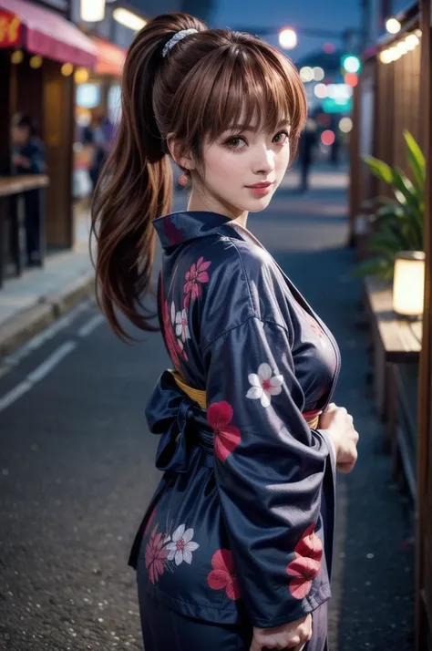 full body shot of kasumi, young face, brown hair, ponytail, ((festival square at night, an alley lined with food stalls)), wear ...