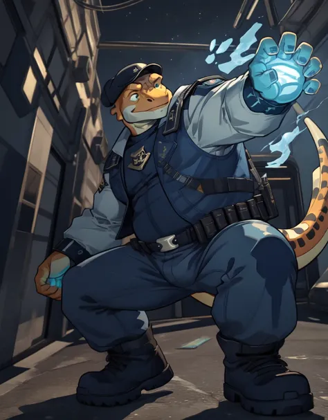 A chubby anthropomorphic orange lizard, wearing a navy blue and cyan scfi superhero outfit and scfi combat boots, navy blue scfi headsets, useing telekinesis to launch projectiles at dangerous aliens, action scene, combat,cinematic,