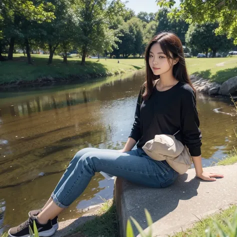 1girl, sit on the bank and relax