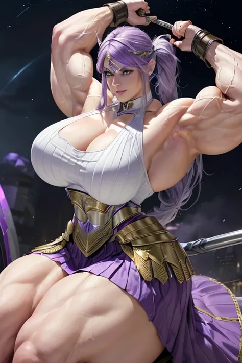 (((((Massive, tall, beautiful, buff, muscular pale white skinned female Valkyrie with violet purple hair, ginormous bulky muscles, riding a horse and wearing an all violet purple gleaming Valkyrie armor and pleated skirt))))), (close view), black eyeliner,...