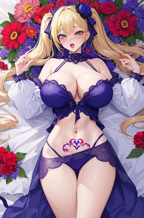 A woman with big ，Gorgeous woman，Mature((ahegao))，Long blond hair，twintails，Exquisite，Cleavage，Lace Eye Mask，Transparent nightdress，Slim waist，Showing belly，Hip tattoo，Smooth legs，blush，Lying in the flowers，Colorful flowers，Sexy Lingerie，