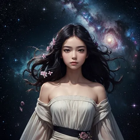 (best quality, masterpiece), 1 Girl, posture, particle, wind, flower, Upper Body, Simple background, Looking at the audience, Black wild hair, Cosmic, nebula, galaxy