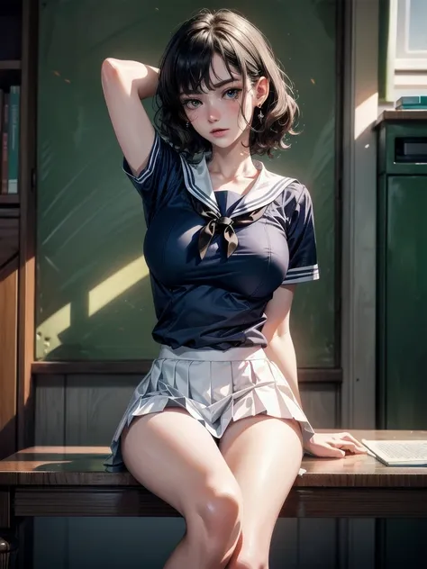 sailor school_uniform, arms behind head, cross-legged, absurdres, RAW photo, extremely delicate and beautiful, masterpiece, Best Quality, ultra high resolution, 32k, hyperrealistic, ultra-detailed, detailed description, pale skin, 20 years old, tearful mol...