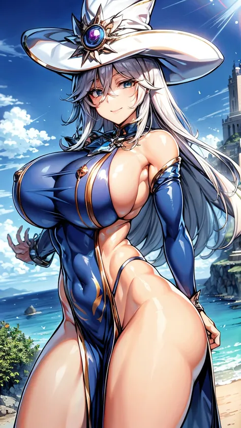 Silent magician, ropa apretada, poca piel visible, ((  ruborizada, sonrisa, oiled skin)),  pelo largo, cabello blanco, (( white hair)), sombrero blanco, Skinny body, abs, muscle, muscle girl, big sagging breast , monstruo de duelo, Iparuputsua, de pie en l...