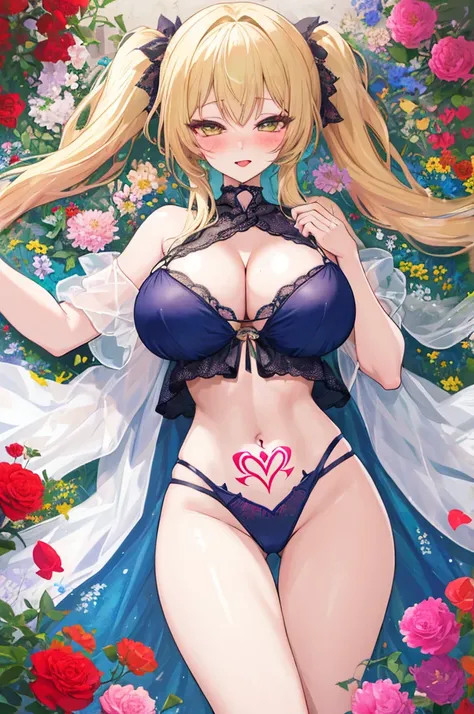 A woman with big ，Gorgeous woman，Mature((ahegao))，Long blond hair，twintails，Exquisite，Cleavage，Lace，Transparent nightdress，Transparent chest，Slim waist，Showing belly，Hip tattoo，Smooth legs，blush，Lying in the flowers，Colorful flowers，Sexy Lingerie，