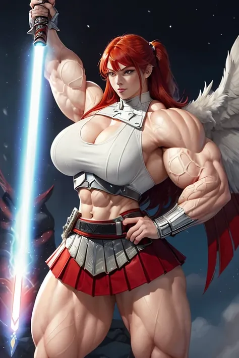 (((((Massive, tall, beautiful, buff, muscular pale white skinned asian female Valkyrie with red hair, ginormous bulky muscles, holding a lightsaber katana sword and wearing an all red purple gleaming Valkyrie armor and pleated skirt))))), (close view), bla...