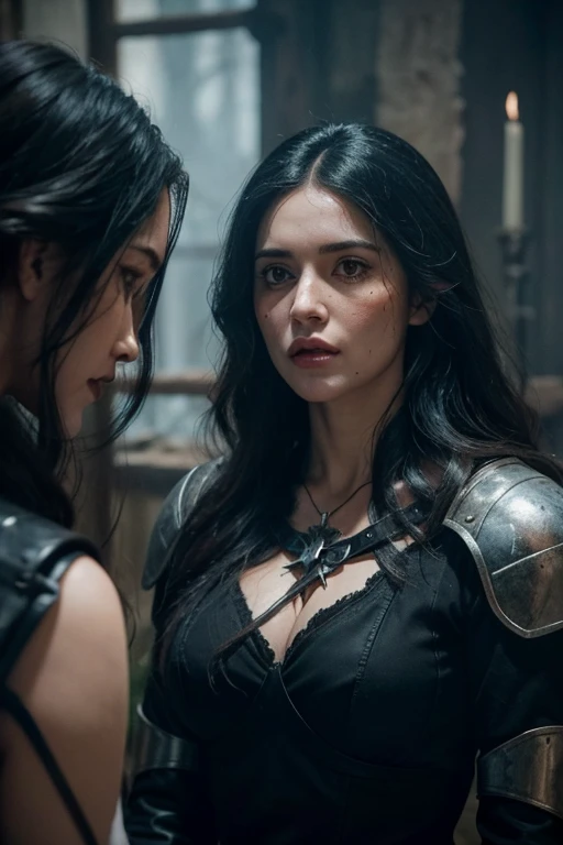 Linda Guerreira Com Grandes Olhos Azuis E Longos Cabelos Pretos, Meeting Yennefer in The Witcher, She is wearing medieval black metal armor、In the middle of a fierce battle. , Your face is stained with blood and freckles, His skin is white, And his face is...