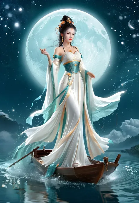 anime girl in a white dress floating a boat in the water，fantasy，moon goddess，beautiful fantasy queen,  by yang j, chinese fanta...