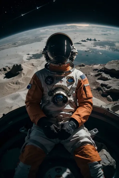 an astronaut in an orange space suit sitting on a rock, astronaut floating in space, an astronaut relaxing in space, astronaut in space, space backround, nasa space tourism, detailed astronaut, an astronaut floating in space, an astronaut in space, space a...