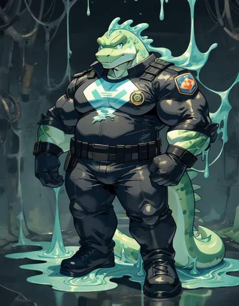 A anthropomorphic or chubby lizard, wearing a ripped and damaged superhero power suit, retrained and encapsulateed in a big slimy alien, melting clothing, full body,