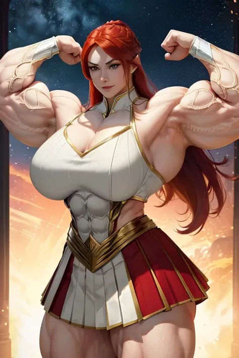 (((((Massive, tall, beautiful, buff, muscular pale white skinned asian female Valkyrie with red hair, ginormous bulky muscles, flexing biceps and wearing an all red gleaming Valkyrie armor and pleated skirt))))), (close view), black eyeliner, massive muscl...