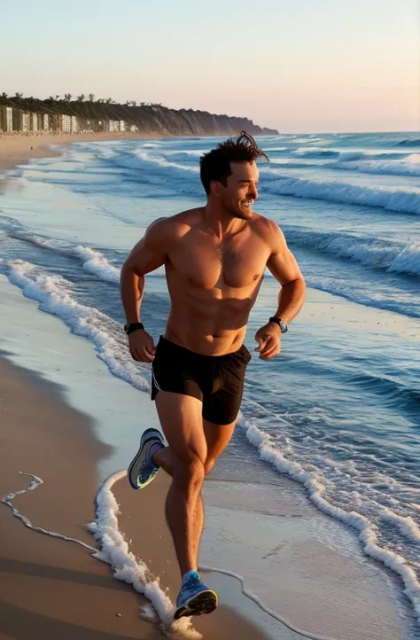 He is running on the beach 