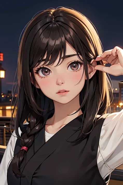 chica estilo anime, dark brown hair, pelo al hombro, fleco completo, ojos rasgados, ojos color negros, japanese , noche, hablando con un chico estudiante 