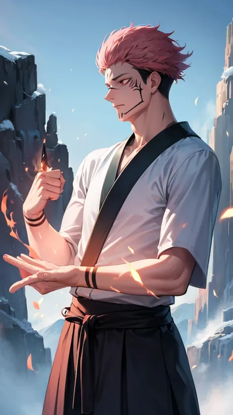 1 man, Ryomen Sukuna, Jujutsu Kaisen, using fire powers on hands, muscules in body, Hakama white pants , pink hair, short hair, red eyes, normal eyes, normal arms, anime style, cinematographic and vivid paisage, Montains ice


