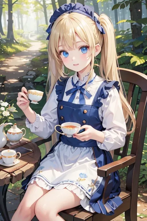 (8k, highest quality, Tabletop:1.2)、Ultra-high resolution、One 14-year-old girl, Perfect Fingers, Detailed face, blue eyes, Blonde, Twin tails, Blue Apron Dress,  in the forest, Tea party, Sit on a chair, Holding a teacup