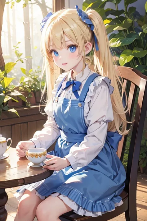 (8k, highest quality, Tabletop:1.2)、Ultra-high resolution、One 14-year-old girl, Perfect Fingers, Detailed face, blue eyes, Blonde, Twin tails, Blue Apron Dress,  in the forest, Tea party, Sit on a chair, Holding a teacup