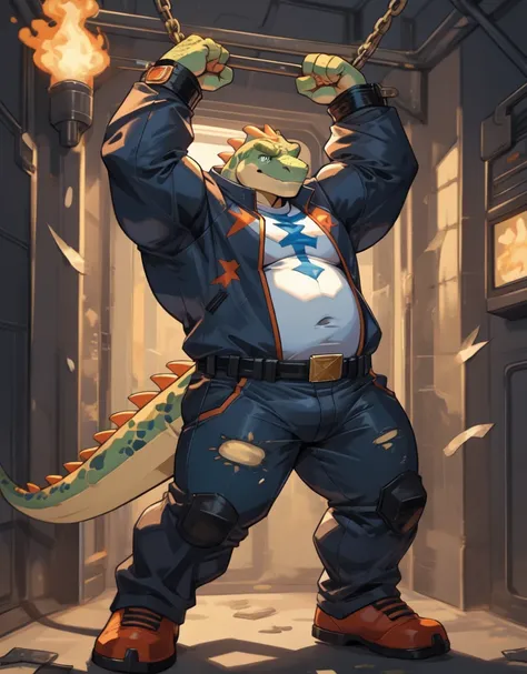 a anthropomorphic or chubby lizard, wearing a heavly damaged superhero power suit, restrained in by there wrist and ankles by bi...