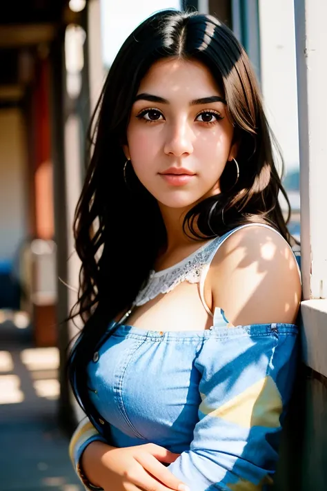 full color portrait of a young woman, natural light, epic character ,sharp focus, subsurface scattering, f2, 35mm, film grain