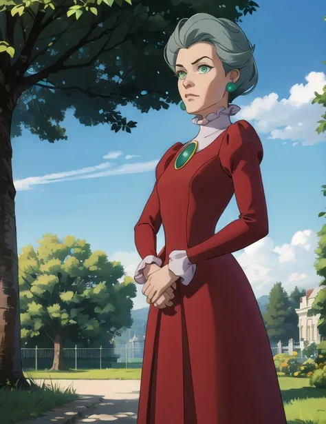 tremaine, green eyes, grey hair, large hair,eyeshadow,red dress, puffy long sleeves, green gem, small earrings, frills, looking at viewer, serious, standing, outside, park, trees, blue sky, high quality, masterpiece, 