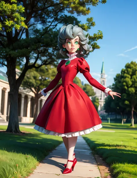 tremaine, green eyes, grey hair, large hair,eyeshadow,red dress, puffy long sleeves, green gem, small earrings, frills, looking ...