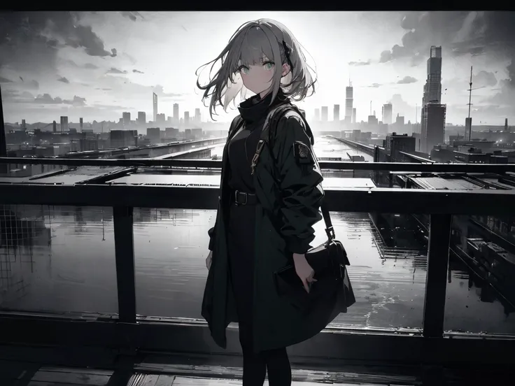 highest quality, High resolution, One Girl, alone, bangs, Faded tones, Monochrome, Cool girl, Long Bangs, hipster, Gray Hair, Full Body Shot, Monochrome, Detailed face, Beautiful Eyes, black, green, Large blurry background, Rooftop at dawn, Looking out ove...