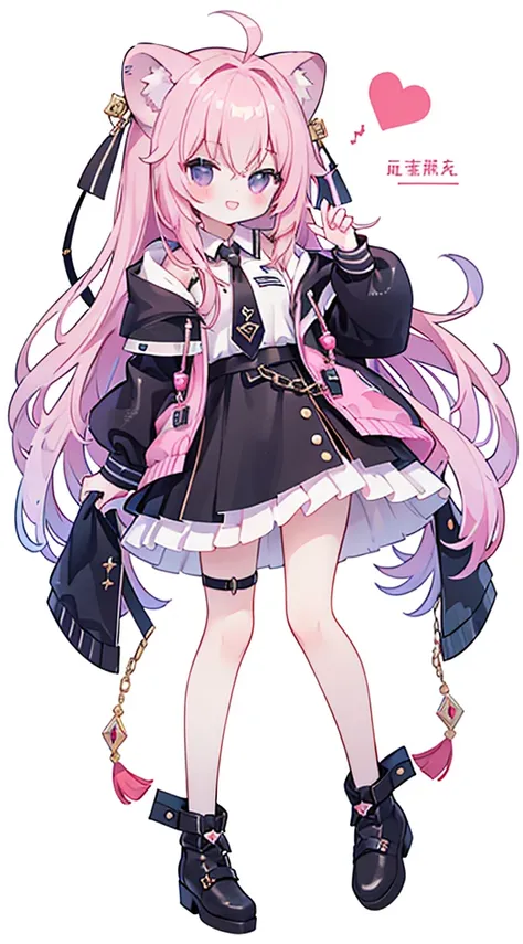 (masterpiece、Top quality、high quality)、one个年轻女孩的全身、one 、Pink long hair、tie hair、Fluffy、Black skirt、Mafia girl、Full Body Love、Fluffy atmosphere、Leather Boots、Plain white background、Smile、positive、Lion hoodie、