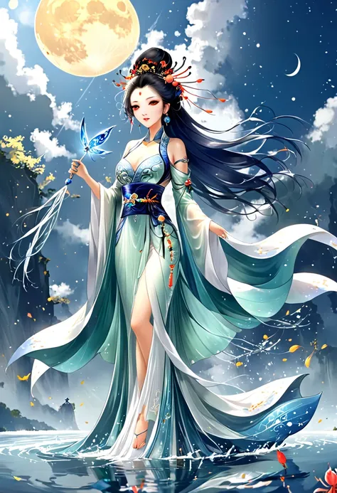 anime girl in a white dress floating a boat in the water，fantasy，moon goddess，beautiful fantasy queen,  by yang j, chinese fanta...