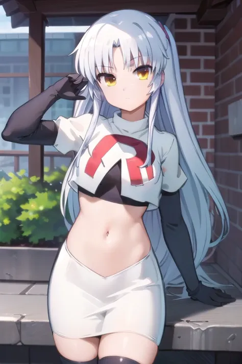 (((pixel-perfect, detail-perfect))), solo, 1girl, kanade tachibana, , looking at viewer, team rocket,team rocket uniform,white skirt,red letter R,crop top,black thigh-highs,black elbow gloves