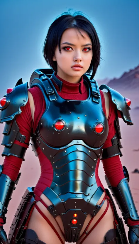 ((best quality)), ((masterpiece)), (detailed), perfect face, a girl wearing heavy armor, sci-fi armor, dessert background, black...