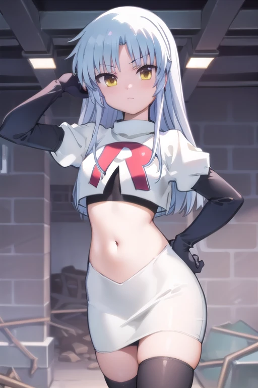 (((pixel-perfect, detail-perfect))), solo, 1girl, kanade tachibana, , looking at viewer, team rocket,team rocket uniform,white skirt,red letter R,crop top,black thigh-highs,black elbow gloves