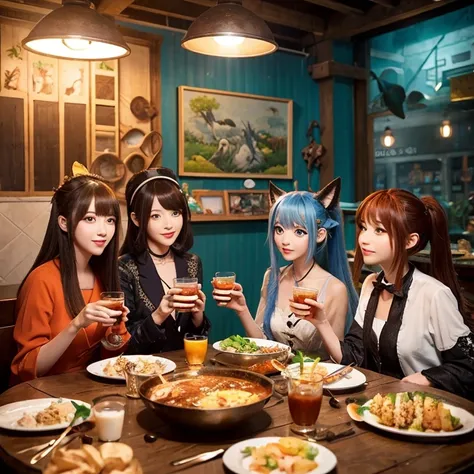 Group of anime characters anthropomorphic animal cat girls sitting around a table，Enjoying food and drinks，The atmosphere is lively and lively。The roles have（Beautiful and delicate eyes，Beautiful and delicate lips，Extremely detailed eyes and face，Long eyel...