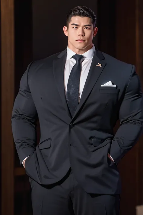 best quality，a muscular man in a suit，（（formal wear）），front photo，huge muscles，thick arms，tall，super strong，exaggerated physique...