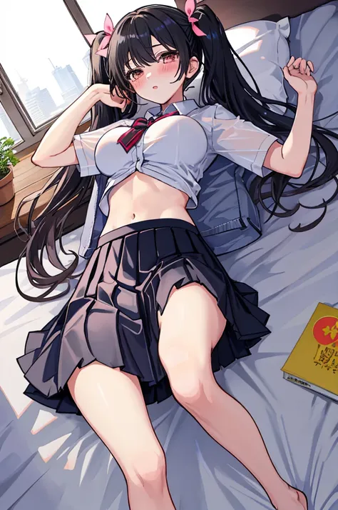 A girl，twintails，Long hair，Black Hair，((transparent))，Open the shirt，Towering breasts，Slim waist，Showing belly，Pleated Skirt，Smooth legs，blush，Lying in bed，bud，