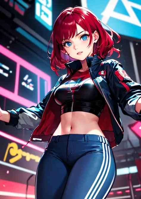 ((masterpiece)), (((best quality))), chromatic lighting,
colorized, red + white limited color palette, 
detailed concept drawing,
Street girl, cyberpunk, futuristic, doing Pachinko 
portrait, 20yo 1girl, medium soft breasts, slender, jacket, combat-pants, ...