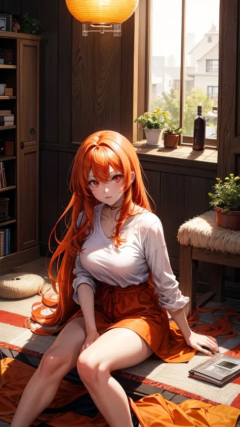 A woman with orange hair and red eyes is sitting in her home clothes