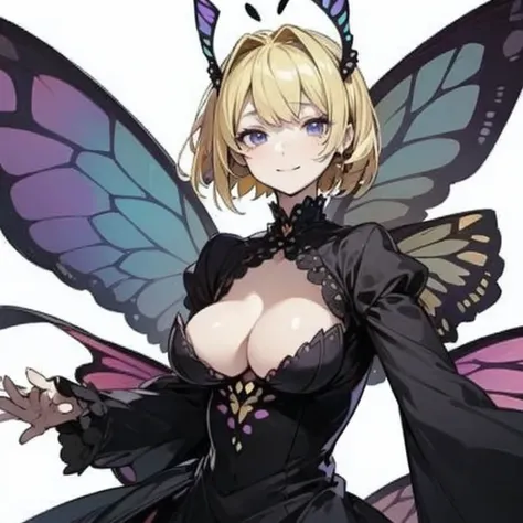 Masterpiece, best quality, expressive eyes, perfect face, 1girl, solo, breasts, antennae, wings, blonde hair, large breasts, monster girl, arthropod girl, white background, butterfly wings, simple background, cleavage, short hair, smile, dress 