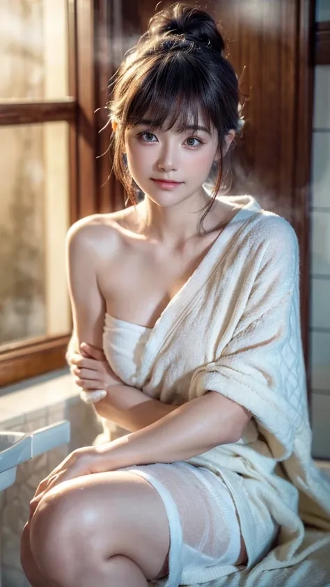 (best quality,highres,ultra-detailed,photorealistic:1.37), A girl just out of the bath, towel, sweat, soft skin, water droplets, steam, relaxation, post-bath glow, refreshing, serenity, calmness, tranquility, bathroom ambiance, natural lighting, subtle sha...