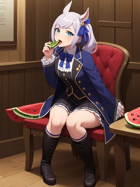 1girl,solo,table,stool,sitting,on chair,eating,watermelon,looking at viewer,open mouth,gluttony,mejiro mcqueen (umamusume),green bowtie,armband,long sleeves,frilled sleeves,frills,striped shirt,black coat,pleated skirt,black skirt,kneehighs,lace-up boots,c...